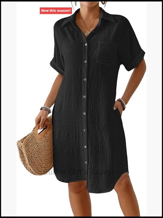 Other - Swimsuit Cover-Up Long Button Down Short Sleeve Beach Shirt Dress with Pockets